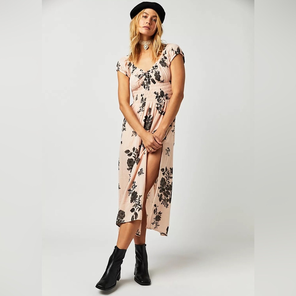 Free People ‘Forget Me Not’ Gauze Cotton Midi Dress in Peach Pink & Black, Small - Picture 5 of 14